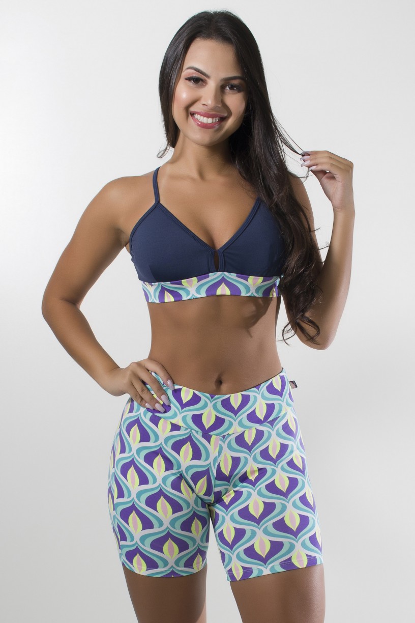 Conjunto Bermuda Estampada e Top de Alcinha Liso com Cós Estampado (Ondulado Verde Roxo e Amarelo/Azul Marinho) | Ref: KS-F1599-001 