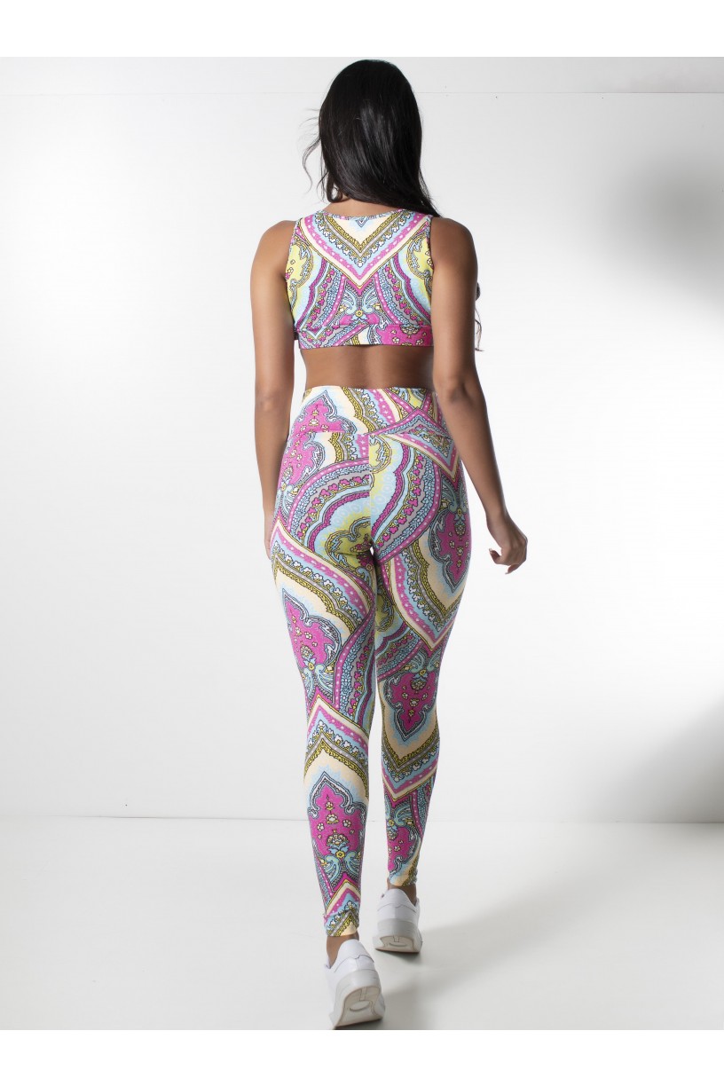 Conjunto Top Fiorela e Legging Estampada (Indiano Roxo Azul e Amarelo) | Ref: KS-F844-007