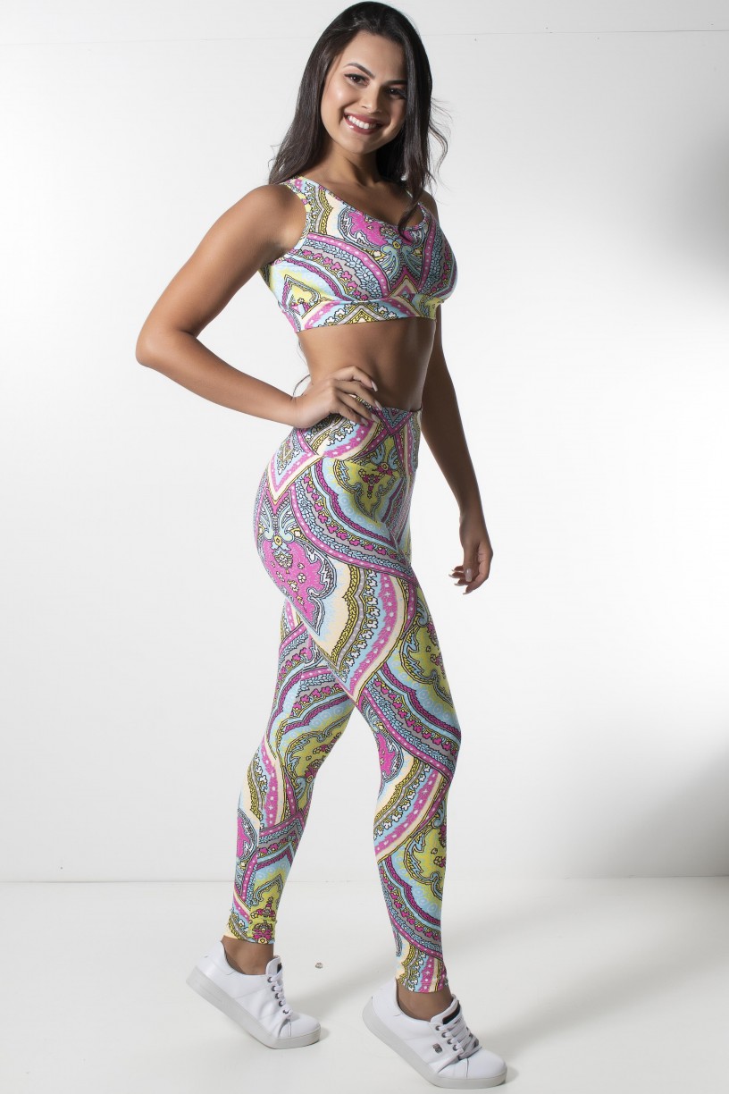 Conjunto Top Fiorela e Legging Estampada (Indiano Roxo Azul e Amarelo) | Ref: KS-F844-007