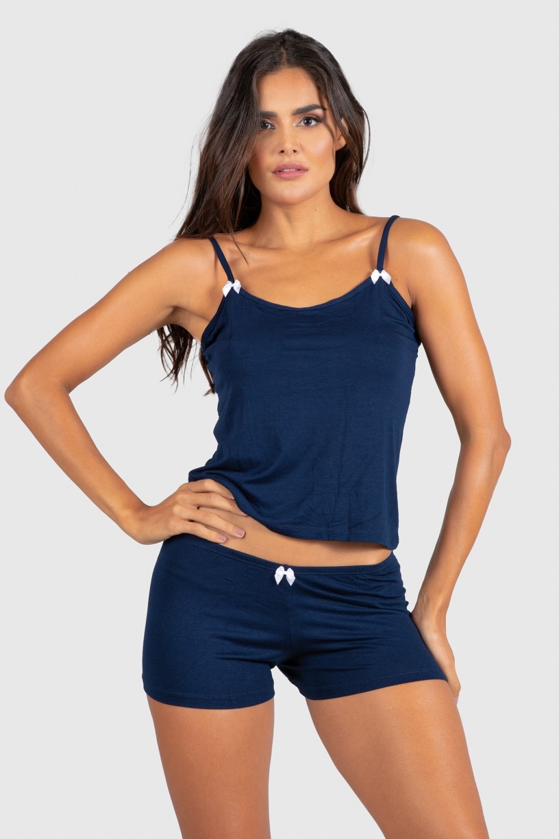 Conjunto Babydoll e Calcinha com Laços (Azul Marinho / Branco) | Ref: P03-7-C