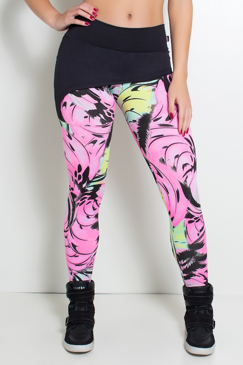 Calça Legging Samanta (Preto com Rosa e Verde) | Ref: F204-004