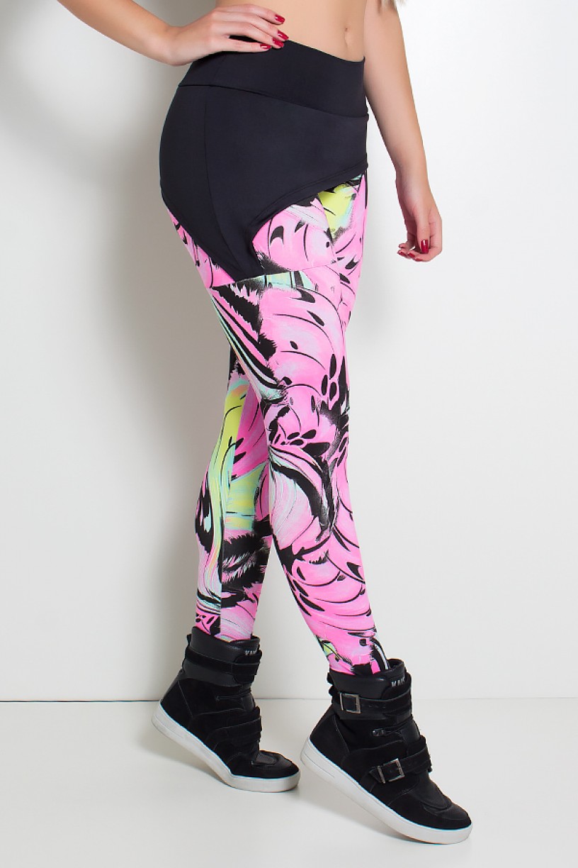 Calça Legging Samanta (Preto com Rosa e Verde) | Ref: F204-004