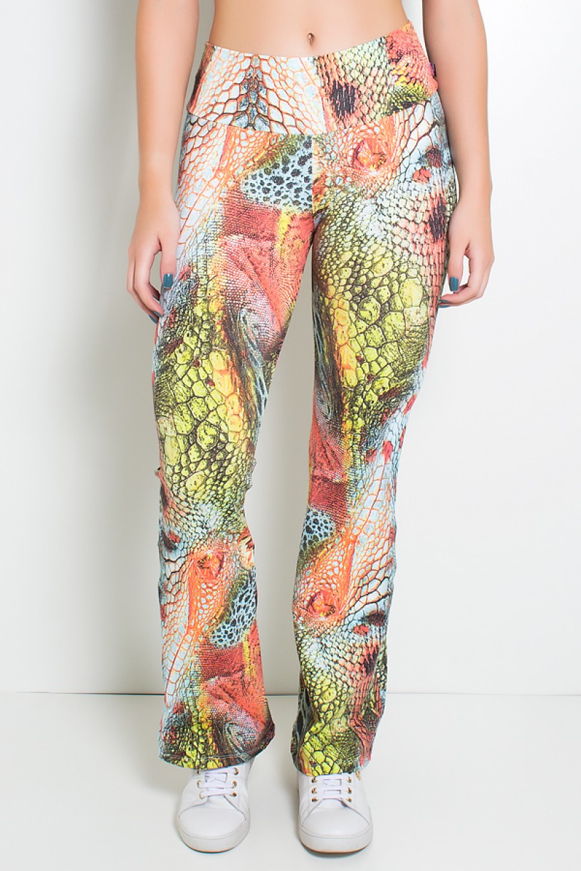 Calça Flare (Boca de Sino) Estampada (Escama Vermelha e Verde Água) | Ref: KS-F166-008