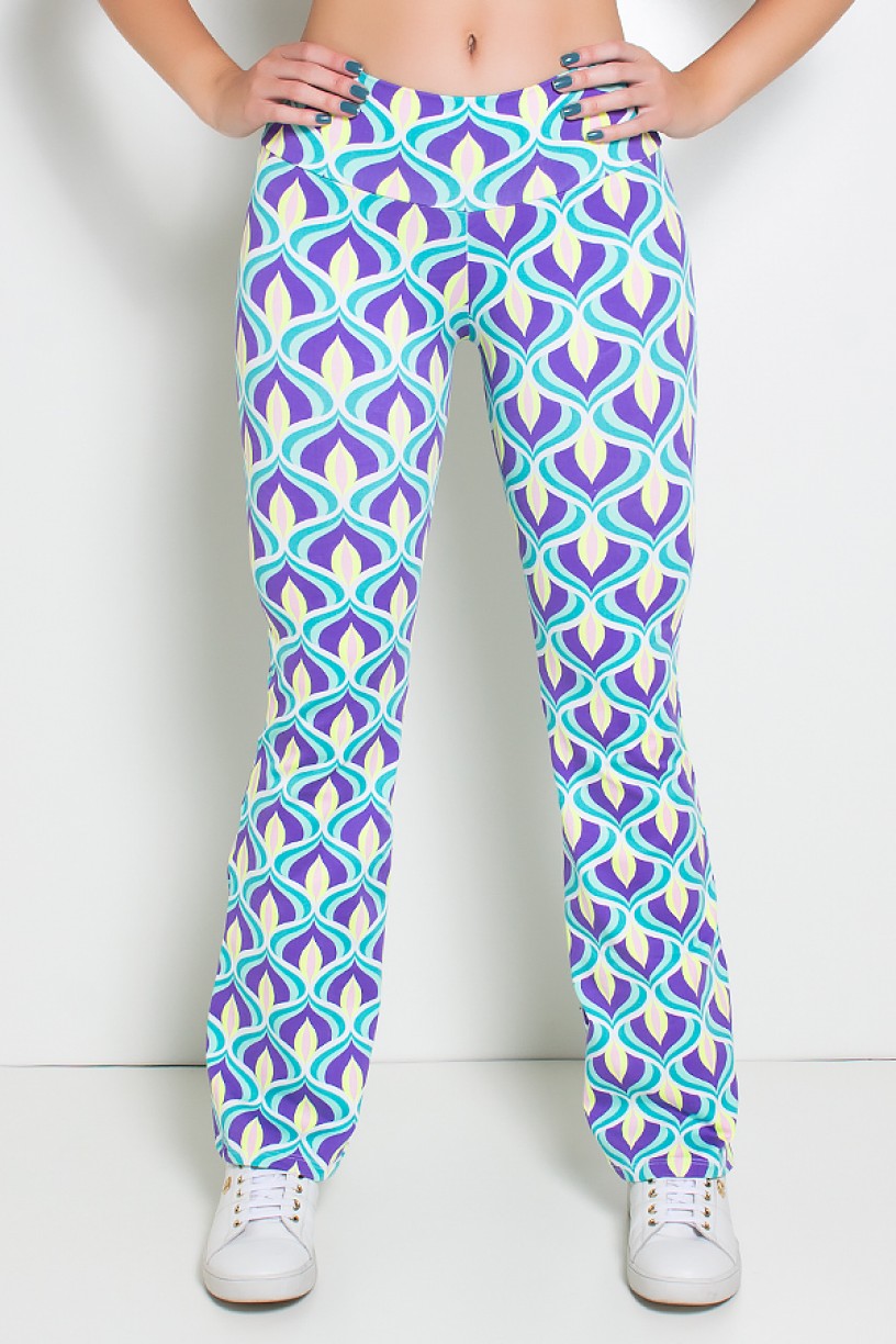 Calça Flare (Boca de Sino) Estampada (Ondulado Verde Roxo e Amarelo) | Ref: KS-F166-009