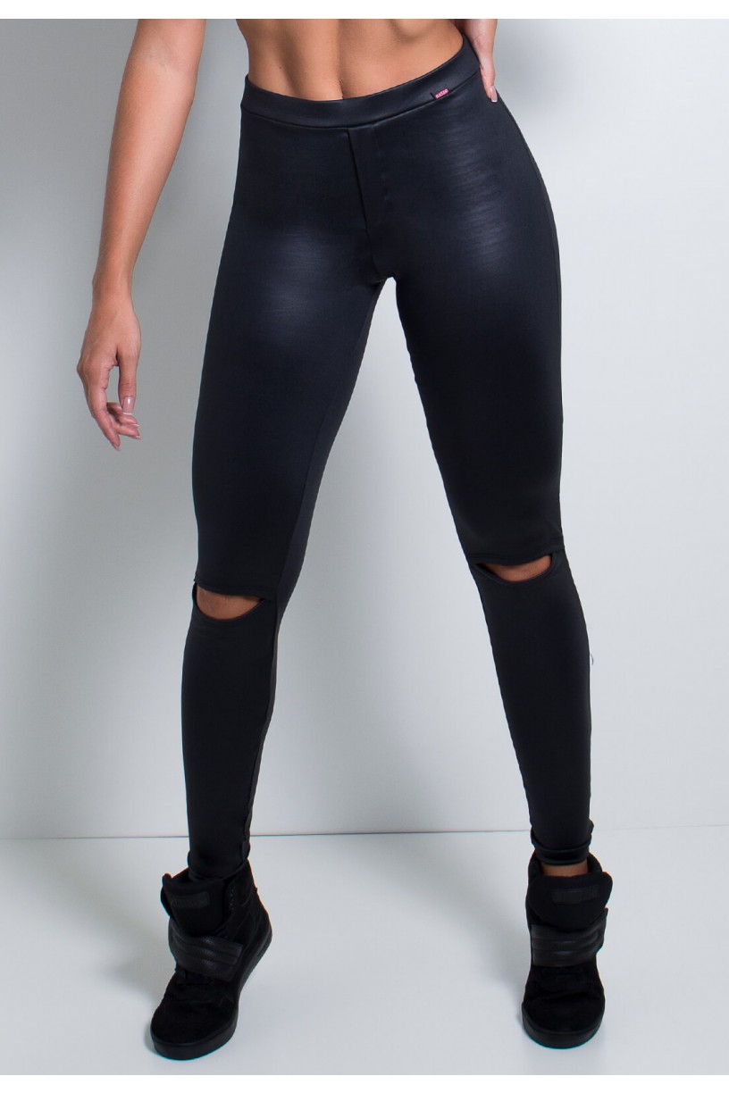 Calça de Cirrê Cintura Baixa e Detalhe no Joelho | Poliamida Excelente! | (Preto) | Ref: KS-PL59-001