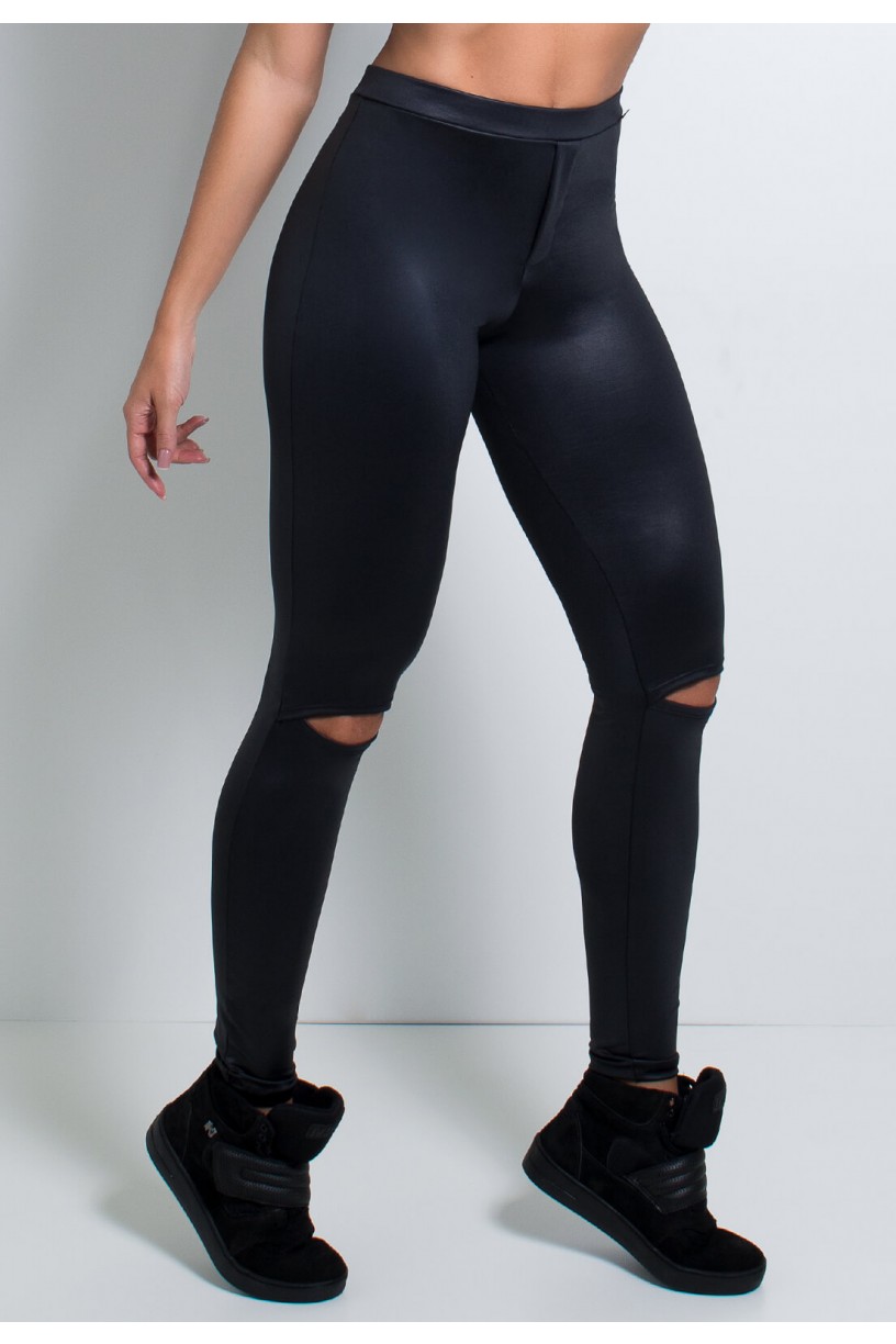 Calça de Cirrê Cintura Baixa e Detalhe no Joelho | Poliamida Excelente! | (Preto) | Ref: KS-PL59-001