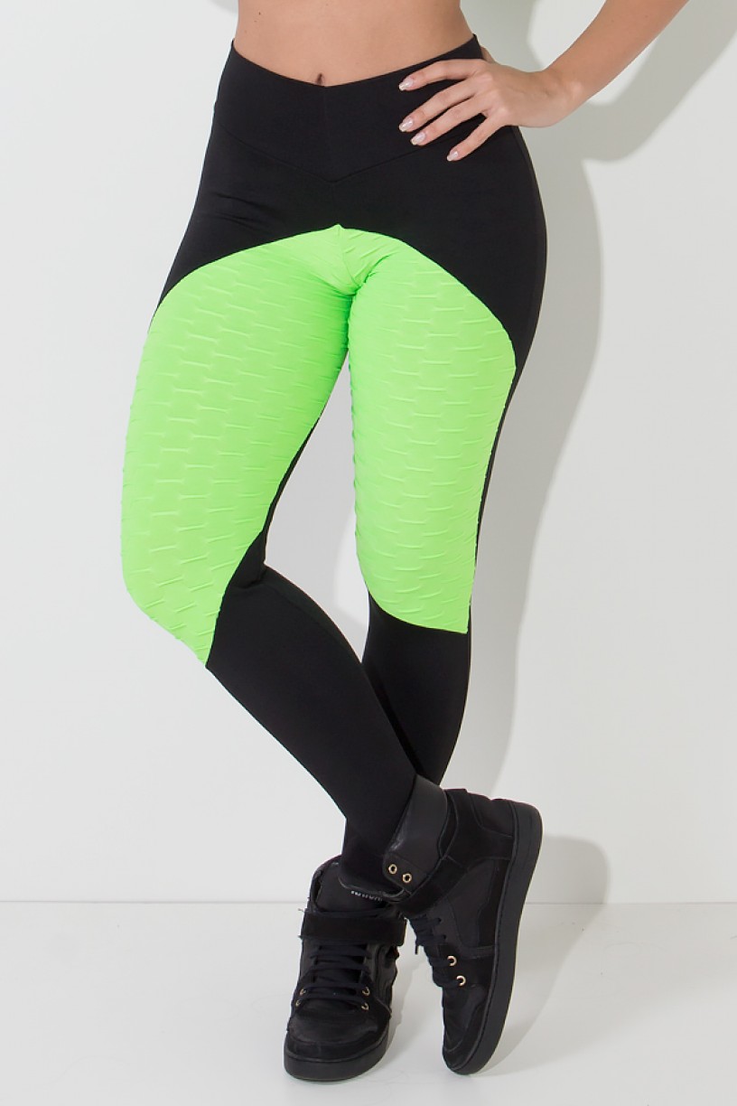 Calça Thainá Lisa com Detalhe Bolha Fluor (Preto / Verde Limão Fluor) | Ref: KS-F596-001