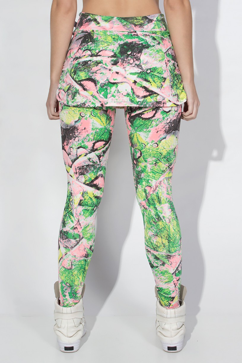 Calça Legging Saia Franzida (Folha Verde e Rosa) | Ref: KS-F122-005