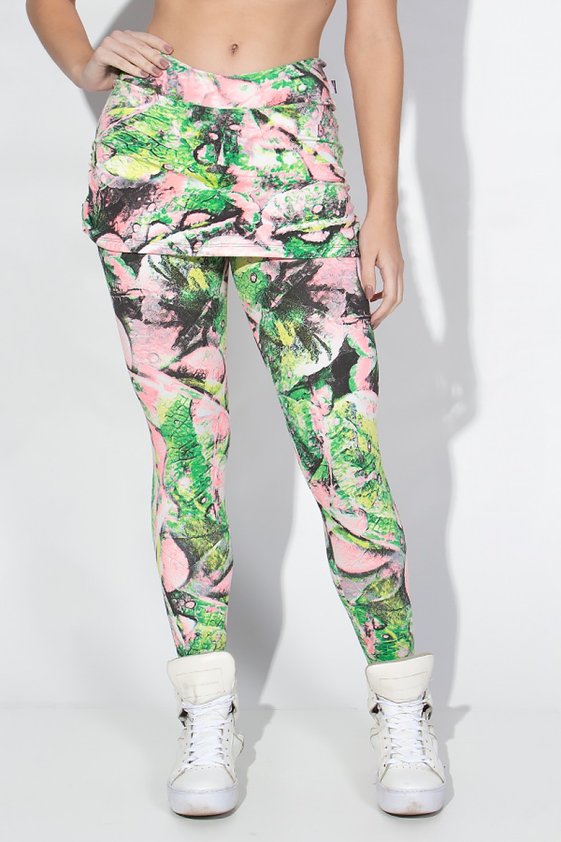 Calça Legging Saia Franzida (Folha Verde e Rosa) | Ref: KS-F122-005