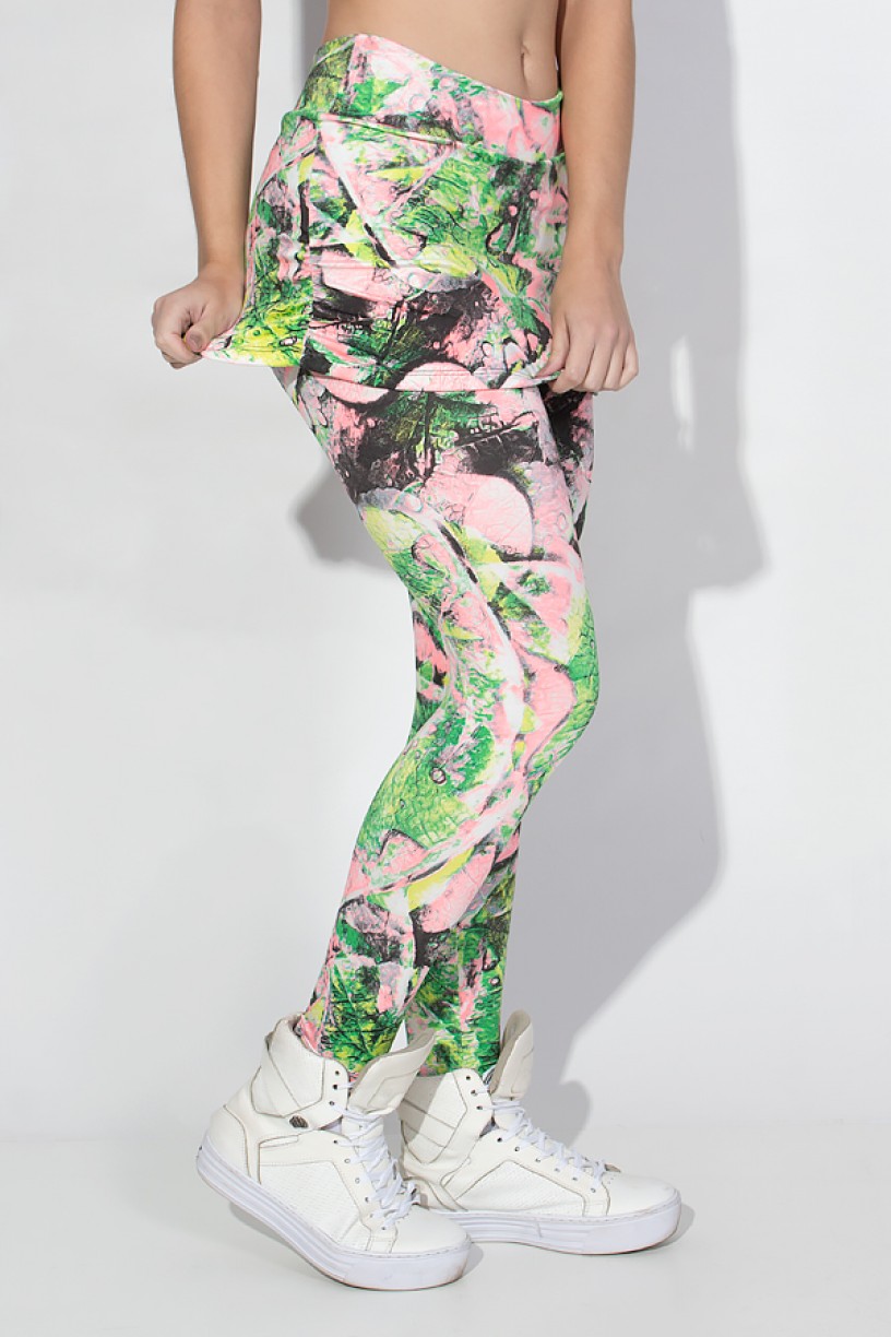 Calça Legging Saia Franzida (Folha Verde e Rosa) | Ref: KS-F122-005