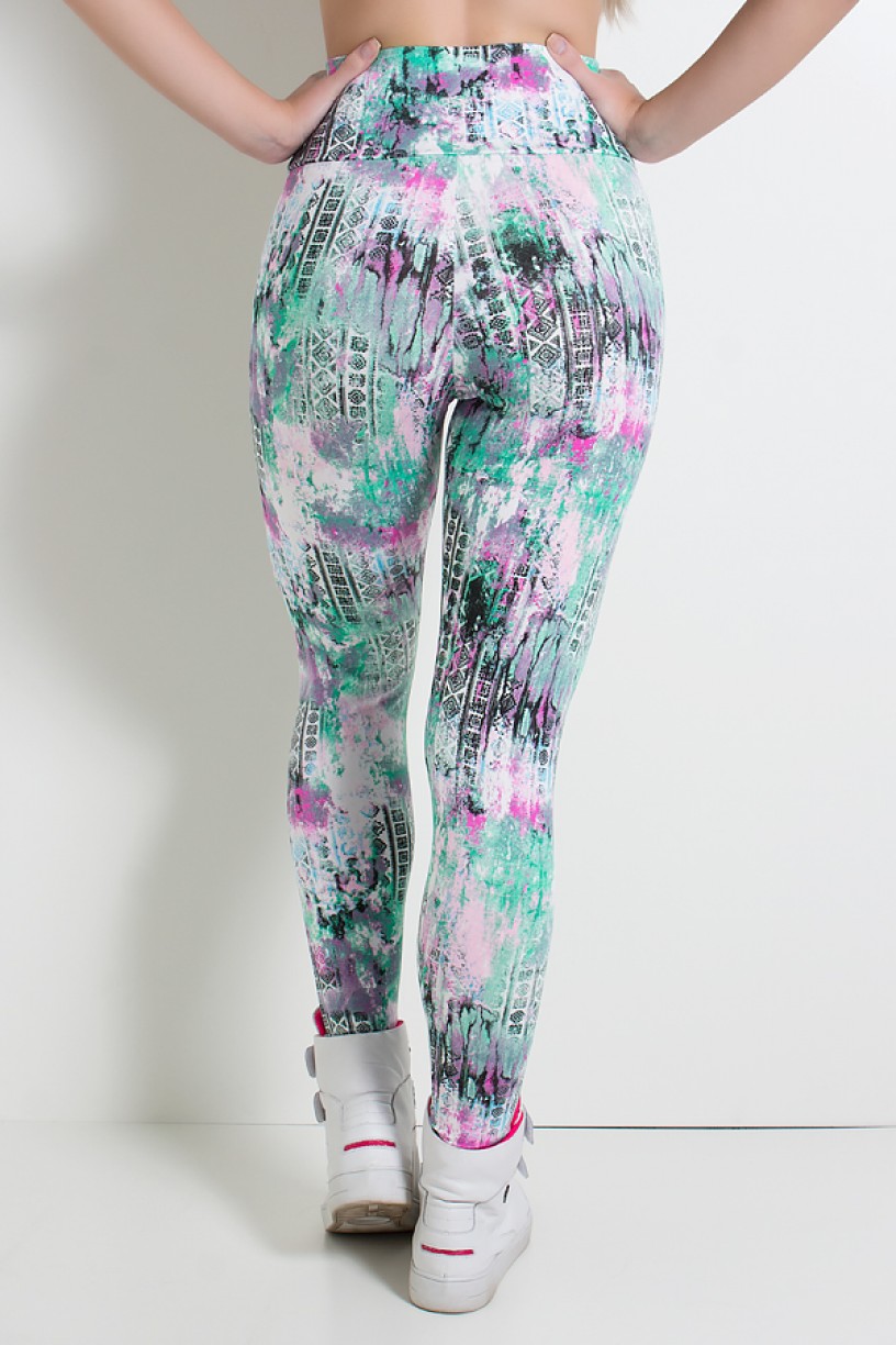 Legging Estampada Mosaico com Mancha Verde e Rosa | Ref: KS-F27-064