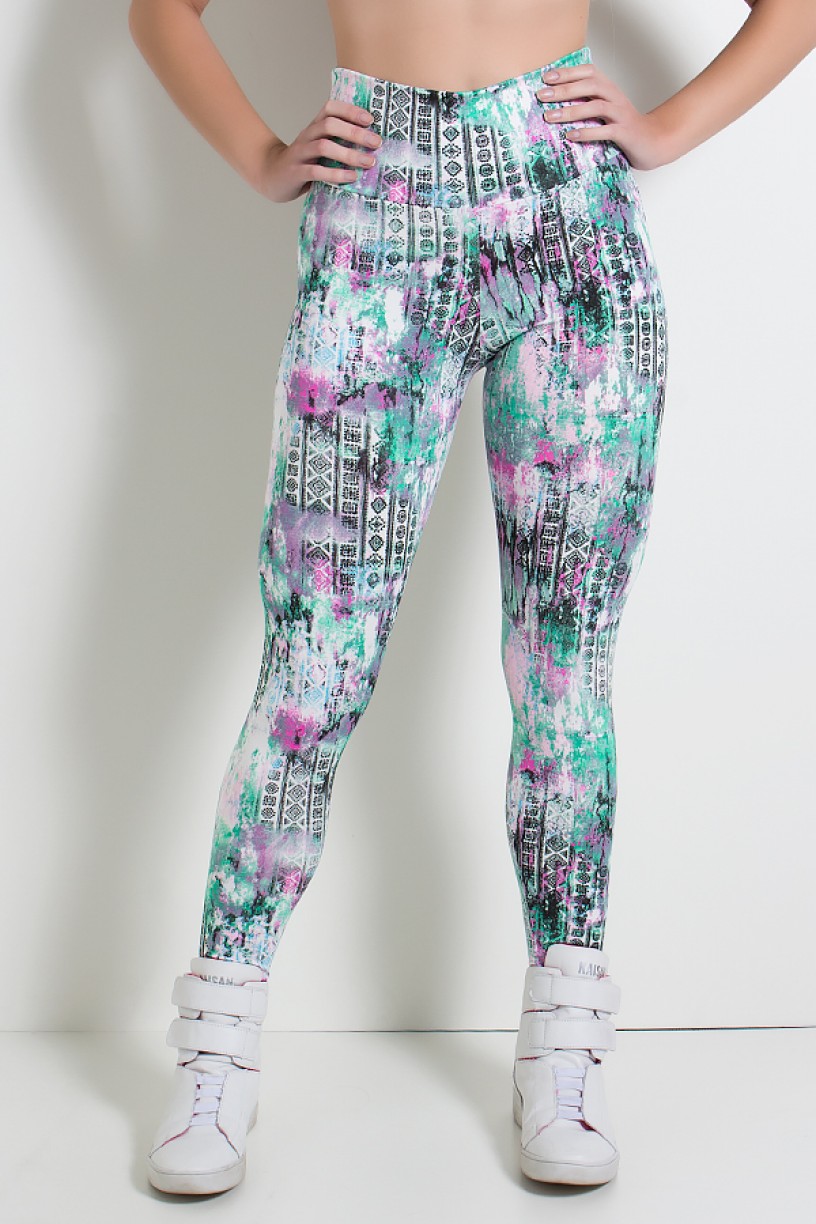 Legging Estampada Mosaico com Mancha Verde e Rosa | Ref: KS-F27-064