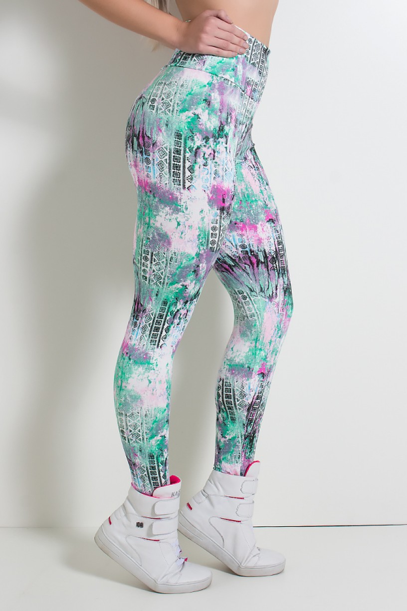 Legging Estampada Mosaico com Mancha Verde e Rosa | Ref: KS-F27-064