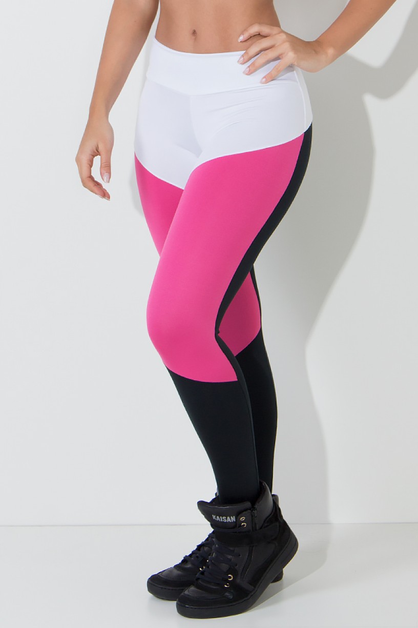 Calça Três Cores com Recorte em V (Branco - Preto - Rosa Pink) | Ref: KS-F1734-001