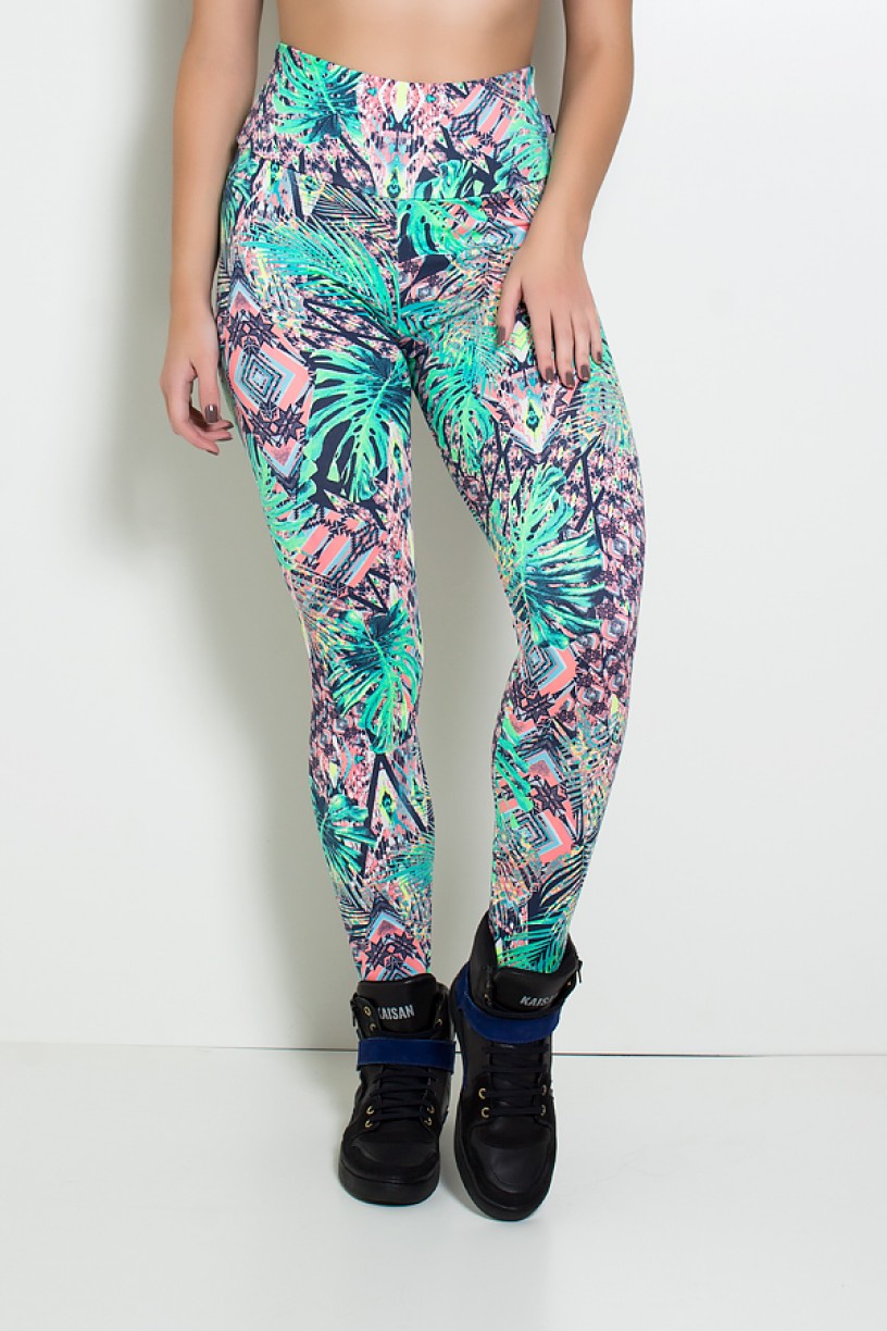 Legging Estampada Folha Verde com Mosaico Salmão e Azul | Ref: KS-F27-068