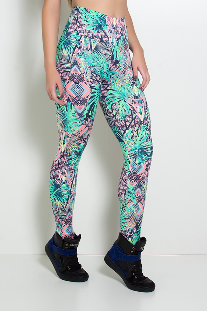 Legging Estampada Folha Verde com Mosaico Salmão e Azul | Ref: KS-F27-068