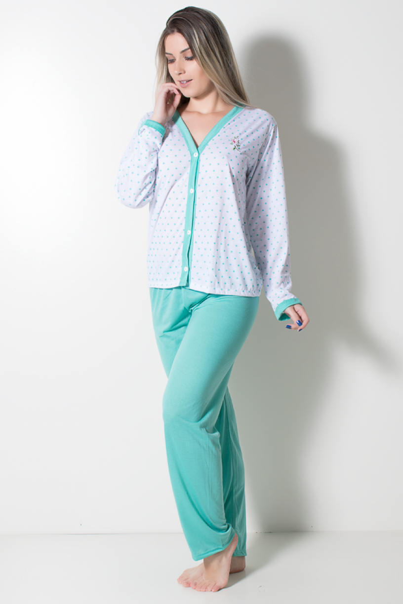 Pijama feminino longo 182 (Verde Piscina com Estrela) | Ref: CEZ-PA182-012