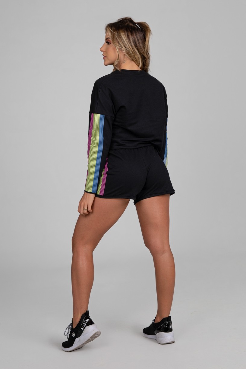 Short de Moletom com Silk de Listras (Preto) | Ref: K2899-A