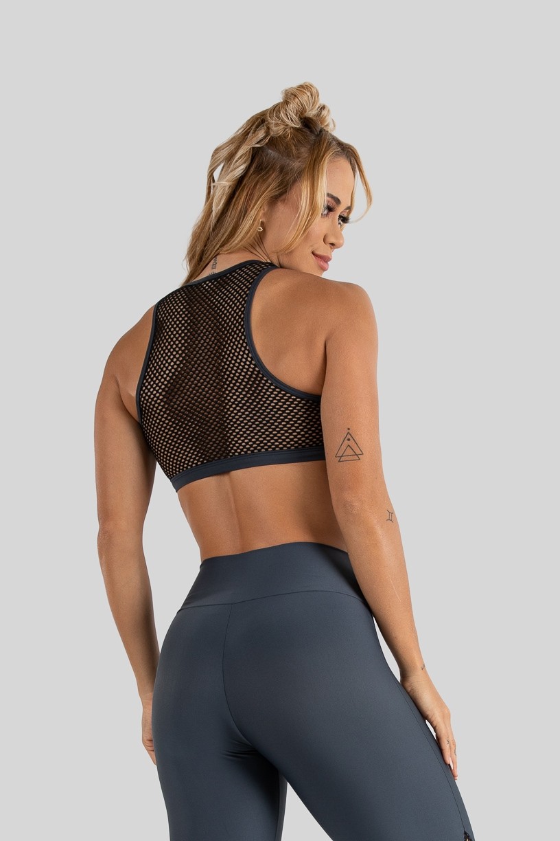 Top com Recorte e Costas de Tela (Chumbo / Preto) | Ref: K3222-B