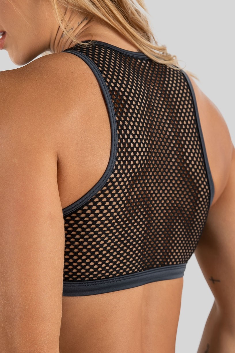 Top com Recorte e Costas de Tela (Chumbo / Preto) | Ref: K3222-B