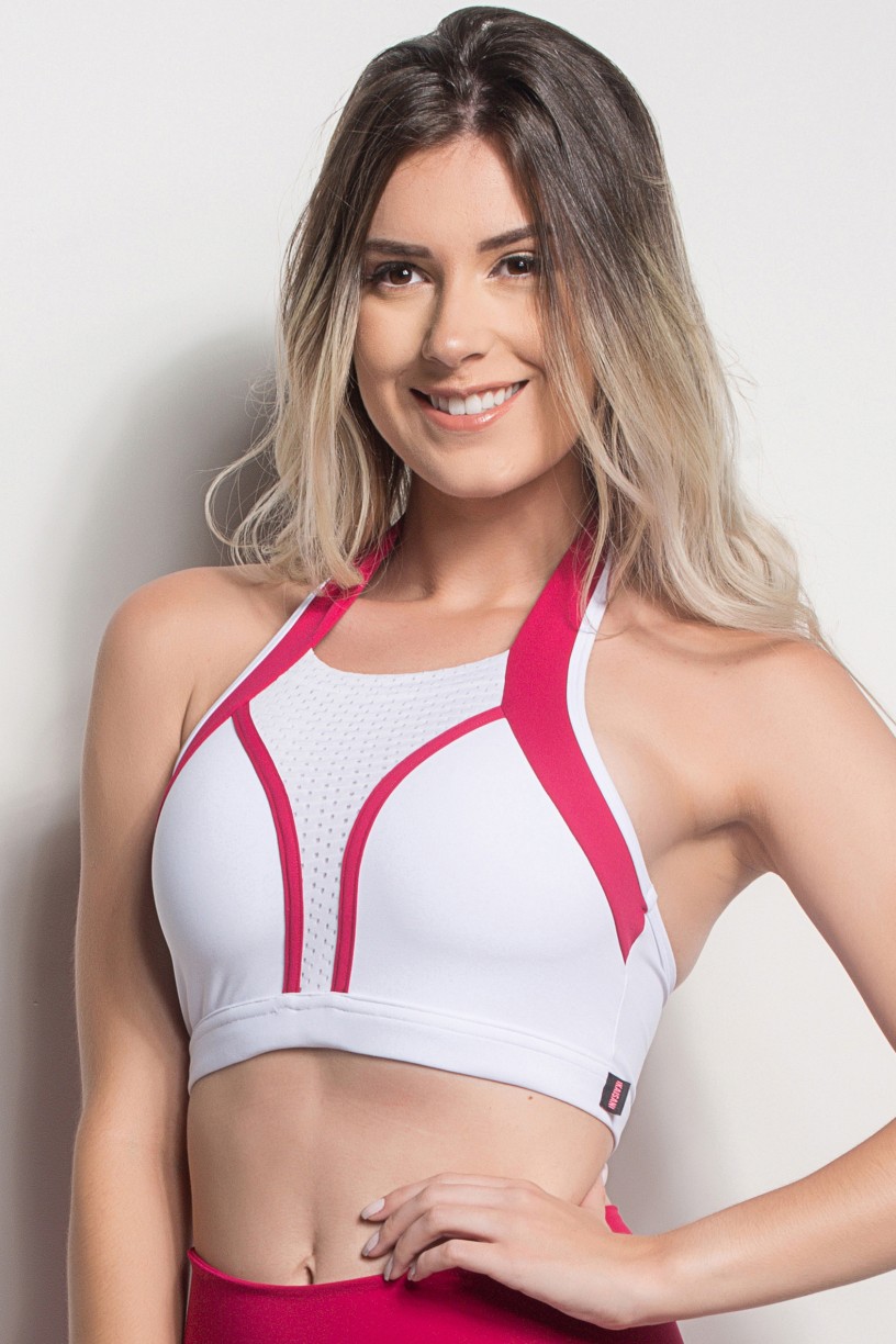 Top De Pescoço Com Detalhe Em Tela (Branco / Rosa Pink) | Ref: TPP246-002/002/006