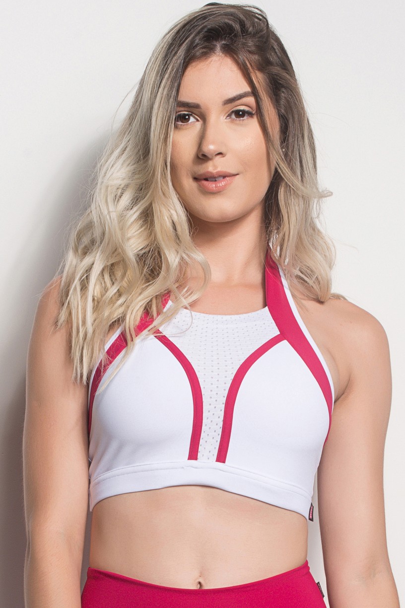 Top De Pescoço Com Detalhe Em Tela (Branco / Rosa Pink) | Ref: TPP246-002/002/006