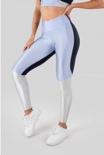 Calça Legging Tecido Platinado Tricolor com Recortes (Azul Marinho / Azul / Prata) | Ref: K3281-B