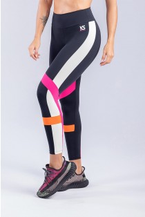 Calça Legging com Faixas Sobrepostas (Preto / Laranja / Rosa) | Ref: K3309-A