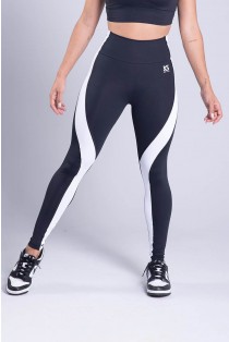 Calça Legging com Recorte Curva Lateral (Preto / Branco) | Ref: K3355-A