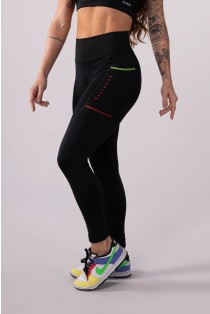 Calça Legging com Bolso e Ponto de Cobertura (Preto / Vermelho / Amarelo Neon) | Ref: K3498-A