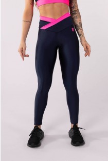 Calça Legging com Cós Transpassado Bicolor (Azul Marinho / Rosa Neon) | Ref: K3488-C