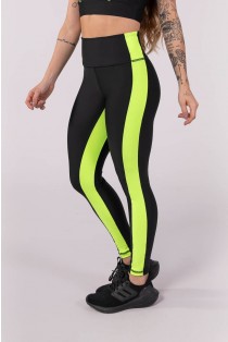 Calça Legging com Faixa Na Lateral e Entrepernas (Preto / Amarelo Neon) | Ref: K3752-A