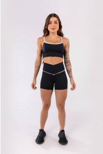 Short com Faixa no Cós Transpassado (Preto / Off-White) | Ref: K3934-A