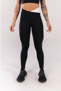 Calça Legging com Cós Transpassado e Vivo (Preto / Off-White) | Ref: K3961-A