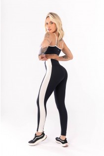 Calça Legging com Faixa Lateral (Preto / Off White) | Ref: K4068-A