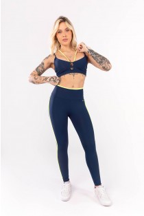 Calça Legging com Vivo e Vira no Cós (Azul Marinho / Amarelo Neon) | Ref: K4070-A