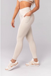 Calça Legging com Bolsos e Chapado Cruzado na Cintura (Bege) | Ref: K4149-A