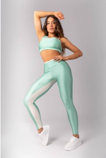 Calça Legging com Vira e Faixa no Entrepernas (Verde Claro / Off-White) | Ref: K4158-A