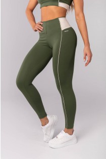 Calça Legging com Cós Contrastante e Vivo (Verde Folha / Bege) | Ref: K4163-A