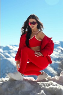 Calça Legging com Cós de Vira (Vermelho / Bege) | Ref: K4220-B