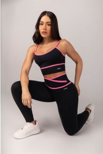 Calça Legging com Cós Transpassado e Chapado (Preto / Rosa Chiclete) | Ref: K4296-A