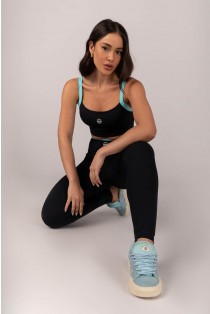 Calça Legging com Cós em V e Vira (Preto / Azul Turquesa) | Ref: K4312-A