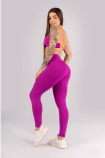 Calça Legging com Recortes e Cós de Vira Contrastante (Roxo / Laranja Claro) | Ref: K4451-C