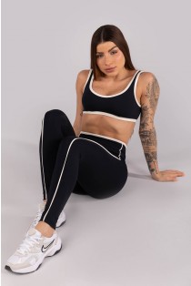 Calça Legging com Vivo e Viés Contrastante (Preto / Off-White) | Ref: K4454-C