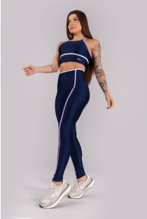 Calça Legging Tricolor com Chapados (Azul Marinho / Lilás / Off-White) | Ref: K4462-A