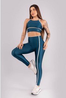 Calça Legging Tricolor com Chapados (Azul Petróleo / Off-White / Bege) | Ref: K4462-B