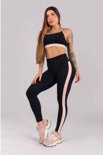 Calça Legging com Faixa Lateral e Bolso no Cós (Preto / Rosa Bebê) | Ref: K4465-A