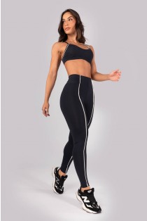 Calça Legging com Vivo e sem Cós Aparente na Frente (Preto / Off-White) | Ref: K4549-A