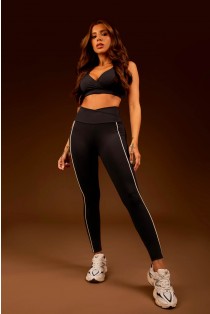 Calça Legging com Cós Transpassado e Bolsos com Vivo (Preto / Vanilla) | Ref: K4618-A