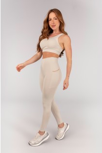 Calça Legging sem Cós Aparente e Bolsos (Off-White / Caramelo) | Ref: K4662-A